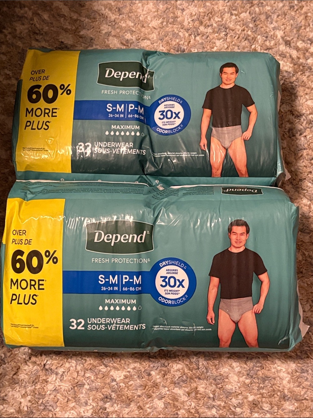 Depend Fresh Protection Mens Adult‎ Max Underwear, S/M, Dryshield, 32 x 2 - 64